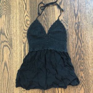 Tessie- Black Woven Summer Halter Top